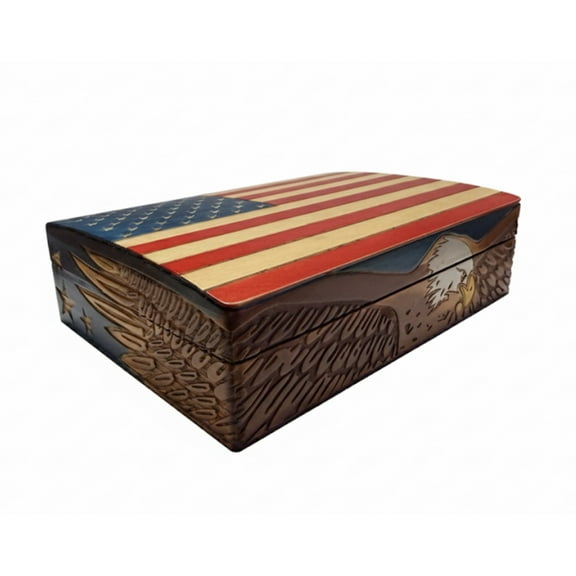 American Flag Keepsake Box Handmade Carved Wood Patriotic Dcor Storage Chest with Eagle Design Made in Poland