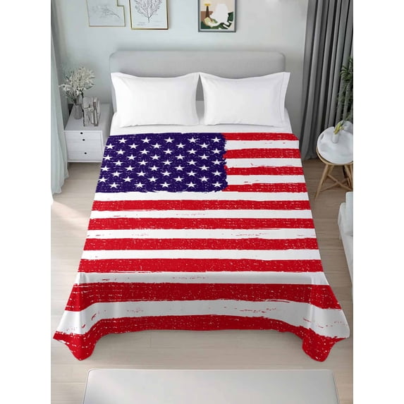 American Flag King Size Flat Sheet, Wrinkleproof & Fadeproof Cooling Flat Bed Sheet Only, Retro Rustic Stars And Stripes US Flag Breathable Soft Bedding Top Sheets 105 x 98 Inches