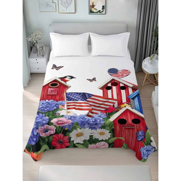 American Flag King Size Flat Sheet, Wrinkleproof & Fadeproof Cooling Flat Bed Sheet Only, Spring Garden Floral Birds House Breathable Soft Bedding Top Sheets 105 x 98 Inches