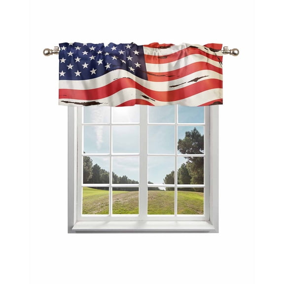 American Flag Kitchen Curtain Valances for Windows Farmhouse Short Curtains, Red Blue USA Flag Rod Pocket Valance Curtain for Bedroom Cafe Living Room 42"x18"