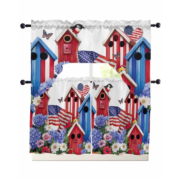 American Flag Kitchen Curtains Swag Valance and Tier Curtains Set 36 Inch Length, Spring Garden Floral Birds House Rod Pocket Drape Panels Pair Swag Curtain for Bathroom/Cafe/Window