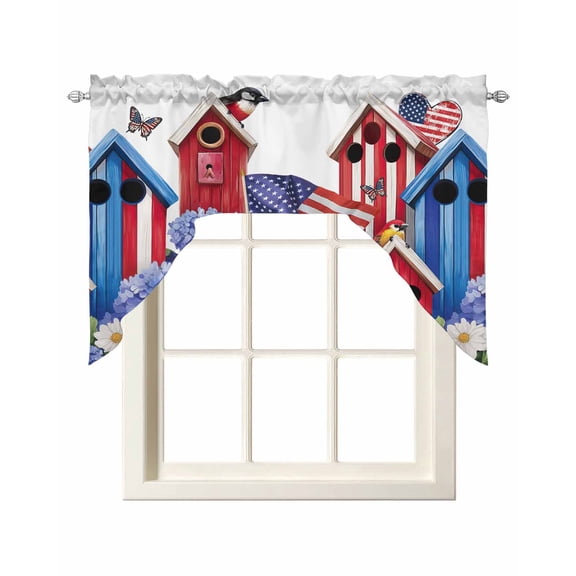 American Flag Kitchen Curtains Swag Valance for Windows/Bathroom/Cafe, Spring Garden Floral Birds House Rod Pocket Drape Panel Swag Curtain Valance for Bedroom/Living Room 55''x36''