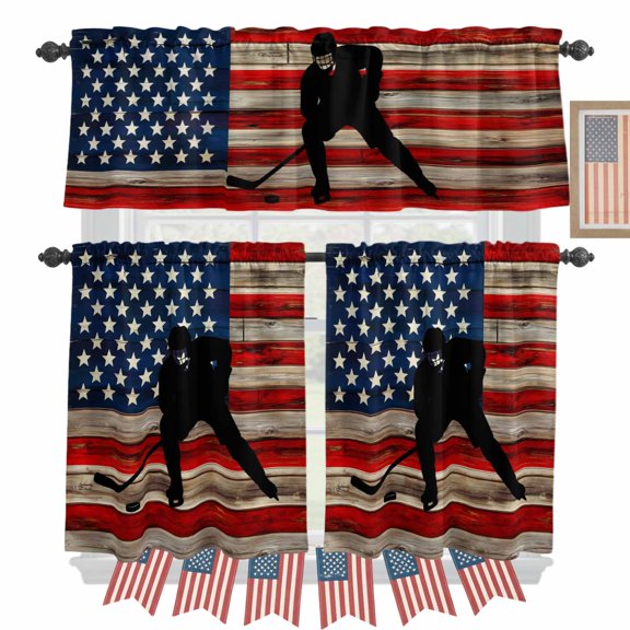American Flag Kitchen Curtains Valances 3 Piece Set, Blue Red USA Flag Retro Hockey Star Wood Grain Rod Pocket Tier Curtain and Valance Drapes for Small Window 24 Inch Length for Bedroom Cafe