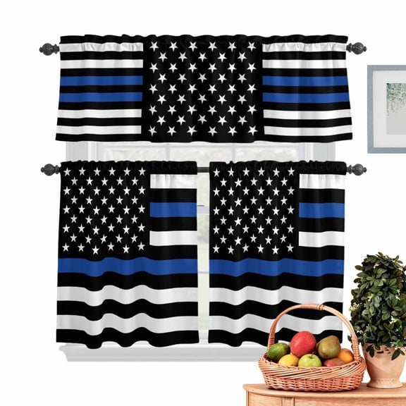 American Flag Kitchen Curtains Valances 3 Piece Set, Retro USA Flag Blue Line Black White Striped Rod Pocket Tier Curtain and Valance Drapes for Small Window 24 Inch Length for Bedroom Cafe