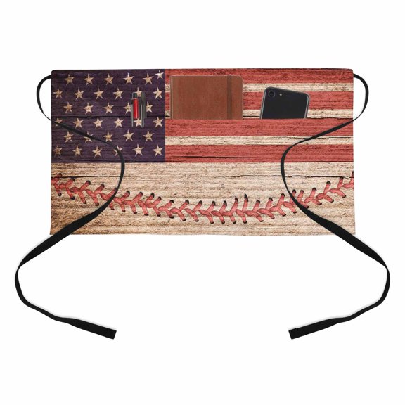 American Flag Kitchen Restaurant Half Waist Apron, Independence Day Star Stripes Vintage Server Short Apron with 3 Pockets Waterproof Oil Waist Aprons for Women Waitress Waiter