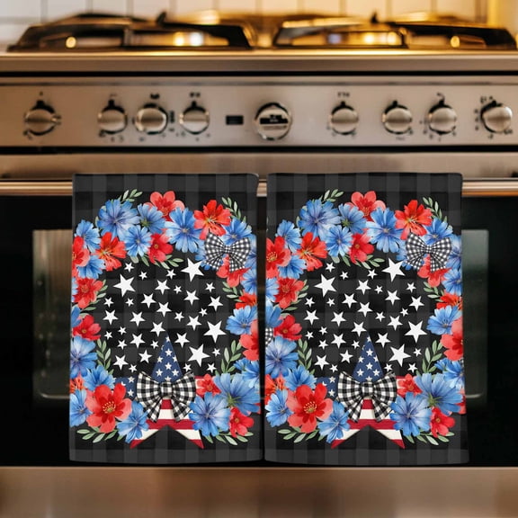 American Flag Kitchen Towels Set of 1, Blue Red Flowers Boho 4th of July Gray Plaid Absorbent Dish Towels for Kitchen, Microfiber Hand Towel, Quick Drying Tea Towel for Cleaning Decorative Dishcloths