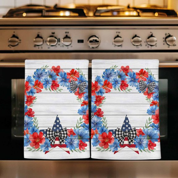 American Flag Kitchen Towels Set of 1, Blue Red Flowers Boho 4th of July Gray Wood Absorbent Dish Towels for Kitchen, Microfiber Hand Towel, Quick Drying Tea Towel for Cleaning Decorative Dishcloths