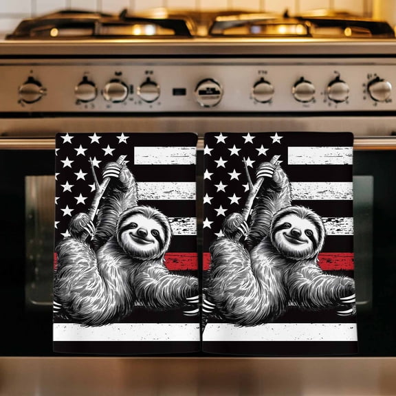 American Flag Kitchen Towels Set of 1, Cute Sloth Star Striped Flag Viintage Black Absorbent Dish Towels for Kitchen, Microfiber Hand Towel, Quick Drying Tea Towel for Cleaning Decorative Dishcloths