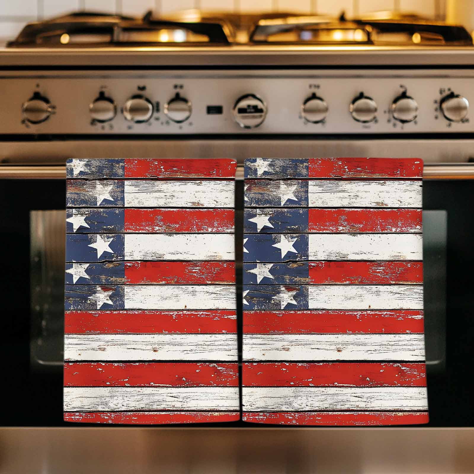 American Flag Kitchen Towels Set of 2, Red Blue Star Stripes Rustic Farmhouse Wood Absorbent Dish Towels for Kitchen, Microfiber Hand Towel, Quick Drying Tea Towel for Cleaning Decorative Dishcloths