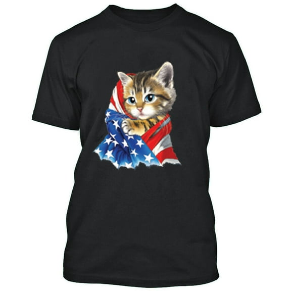 American Flag Kitty Man T-shirt Funny Black Tee Small
