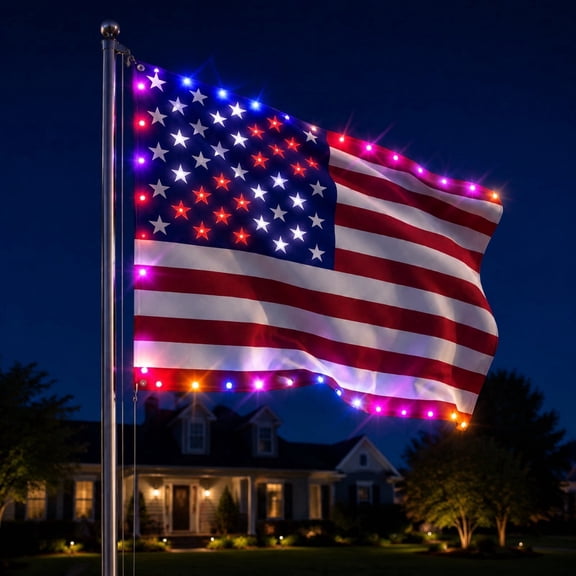 American Flag LED Lights – 150x90cm Outdoor Flag with Remote, 4th of July Decor, Independence Day Decoration for Porch Fence, Semi-Gloss Polyester