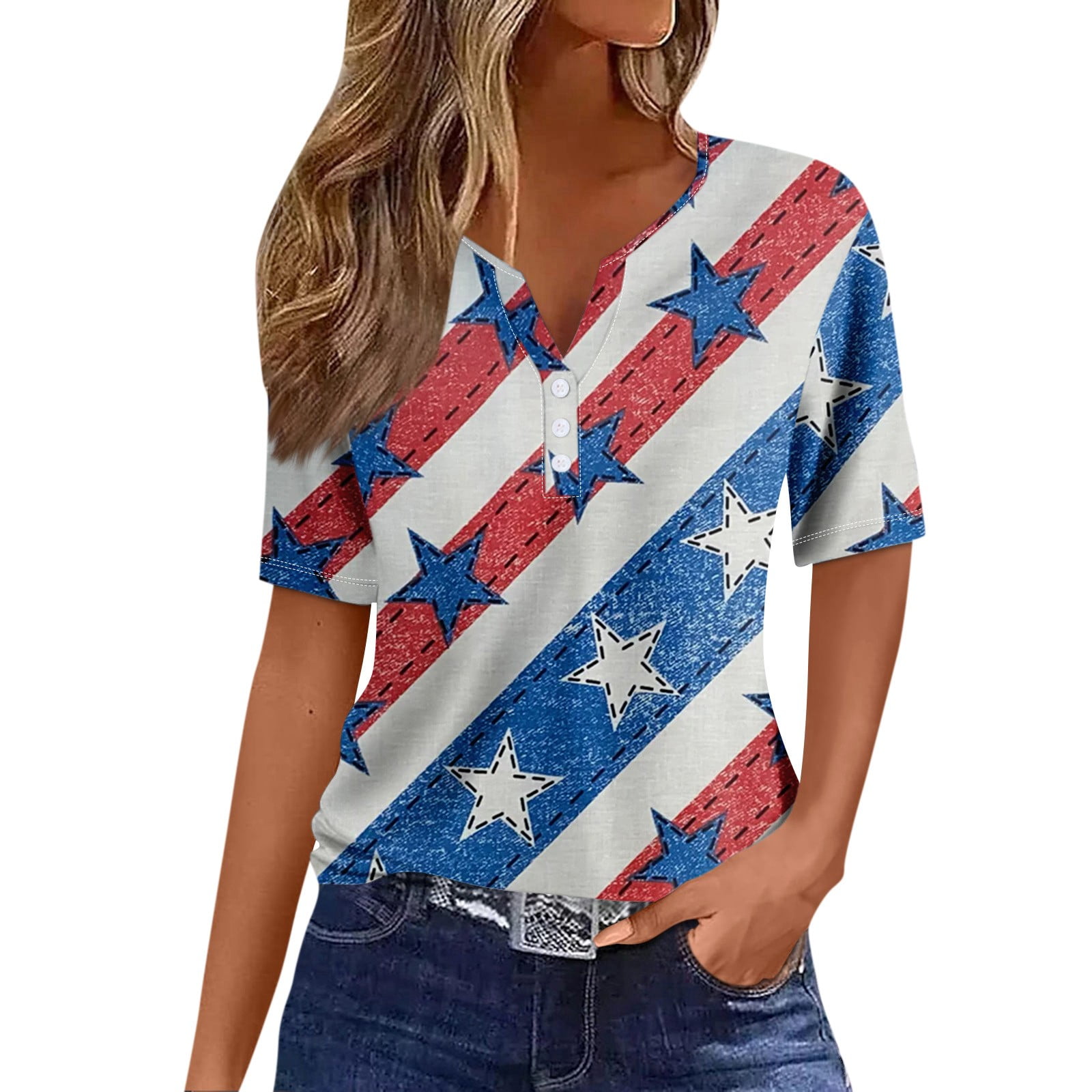 American Flag Ladies Tops and Blouses Plus Size Star Stripes Print ...