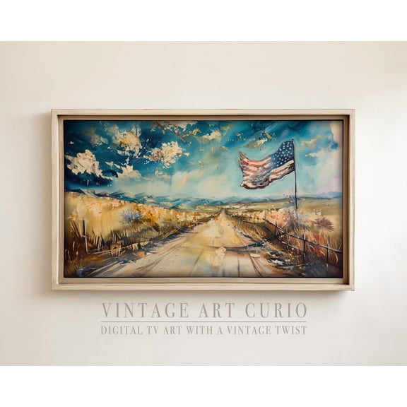 American Flag Landscape, Vintage Patriotic Scenery Home Decor UNFRAMED Poster, Wall Art for Decor, Present, 8x12