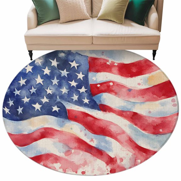American Flag Large Area Rugs for Bedroom Living Room, Soft Non Slip Carpet Bedside Rug, Abstract Oil Painting Farmhouse USA Flag Round Floor Cover Kitchen Accent Rug 6' for Dining Room/Office