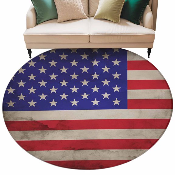 American Flag Large Area Rugs for Bedroom Living Room, Soft Non Slip Carpet Bedside Rug, USA Flag Retro Round Floor Cover Kitchen Accent Rug 7' for Dining Room/Office