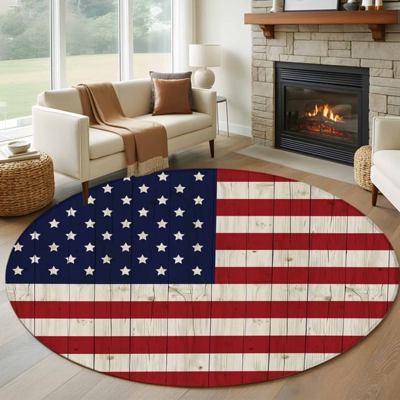 American Flag Large Round Rug 8 FT, Non Slip Living Room Area Carpet, Vintage Wooden Star Striped Red Blue Washable Soft Circle Rug Non-Shedding Floor Carpet for Bedroom Office Dining Room