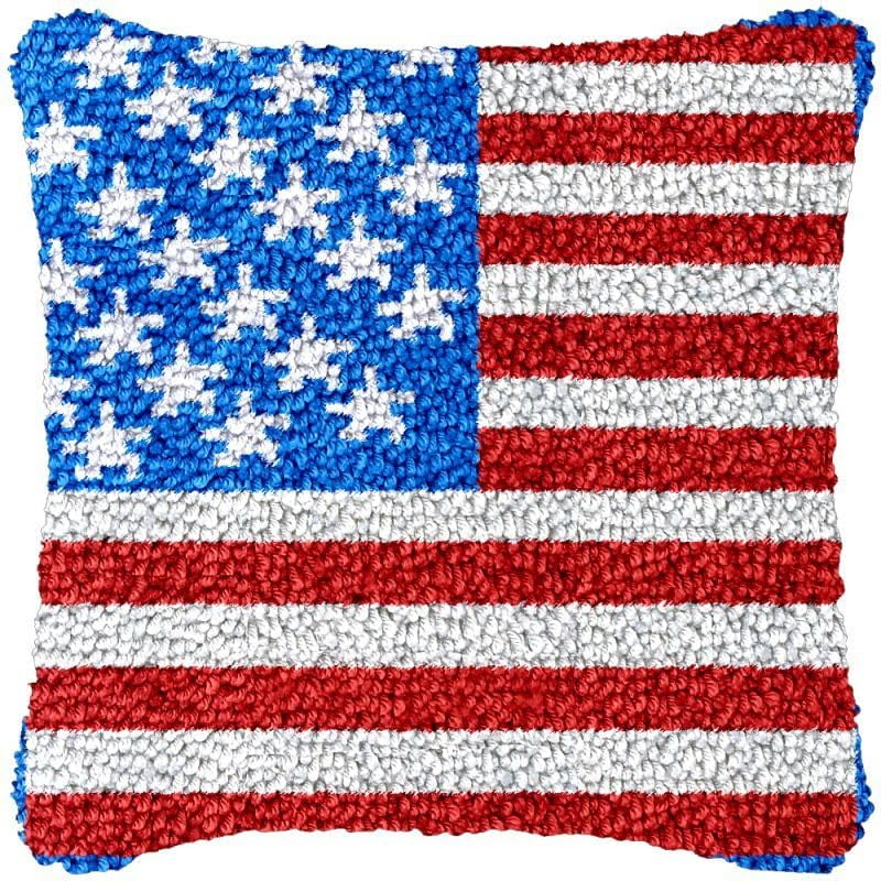 American Flag Latch Hook Pillow Cover Kits for DIY Handmade Throw Pillow Cross Stitch Latch Hook Pillowcase Rug Cushion Kits with Preprinted Canvas Crochet Yarn Kits Needlework 17'' X 17''