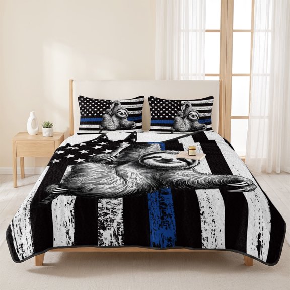 American Flag Law Enforcement Thin Blue Line 3 Pieces Quilt Set,1 Quilt with 2 Shams,Animal Pattern Sloth Bedspread Soft Lightweight Bedding Coverlet Comforter Set for All Season 96"x106"