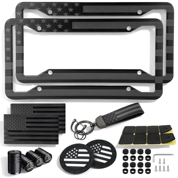 American Flag License Plate Frames Holder - 2 Pack Stainless Steel Rustproof USA Patriotic Car Tag Cover Holder with Free Screws Accessories + Metal Stickers & Keychain & Cup Holder Mats, Black Gray