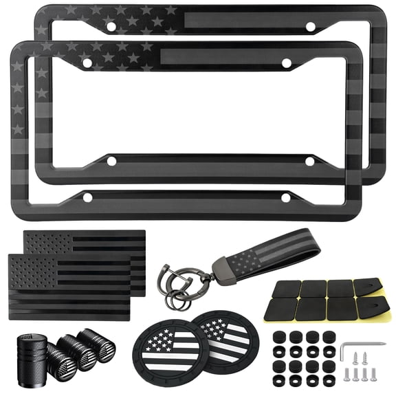 American Flag License Plate Frames Holder - 2 Pack Stainless Steel Rustproof USA Patriotic Car Tag Cover Holder with Free Screws Accessories + Metal Stickers & Keychain & Cup Holder Mats, Black Gray