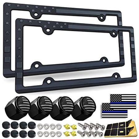 American Flag License Plate Frames- Patriotic USA Stars and Stripes Plastic Car Tag Holder Cover (Gloss on Matte Black) with Stainless Steel Screws