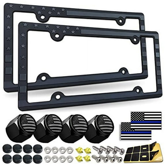 American Flag License Plate Frames- Patriotic USA Stars and Stripes Plastic Car Tag Holder Cover (Gloss on Matte Black) with Stainless Steel Screws