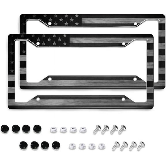American Flag License Plate Frames- Retro Patriotic USA Black White Stars and Stripes Flag Aluminum Holder Cover with Stainless Steel Screws Caps, 2 Pack for Front and Rear Car Tags