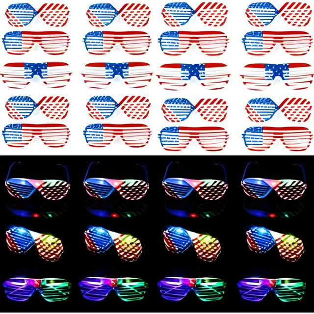 American Flag Light up Party Shades Glasses Patriotic Shutter Shades Flashing 4th of July Sunglasses LED Light up Sunglasses - Assorted Colors 12 Pairs
