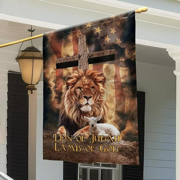 American Flag-Lion Of Judah Lamb Of God Cross v1 Flag, House Flag-USA Flags Premium Polyester-Decorative Indoor Outdoor Flag