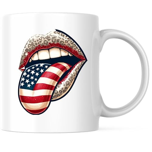 American Flag Lips Coffee Mug - Patriotic USA Flag Design - Fun and Unique 11 Ounce Mug - Premium Ceramic - Design Printed On Both Sides - BMCM02704