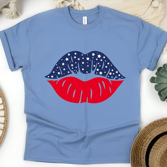 American Flag Lips T-Shirt, Patriotic Red White Blue Graphic Tee, Unisex Fit, CarolinaBlue, Size 2XL