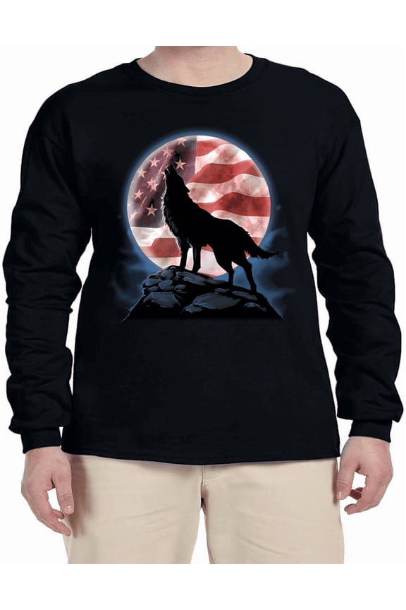 American Flag Lone Wolf Howling Moon Wolves T-shirt Mens Graphic Tees Long Sleeve Tee Shirt