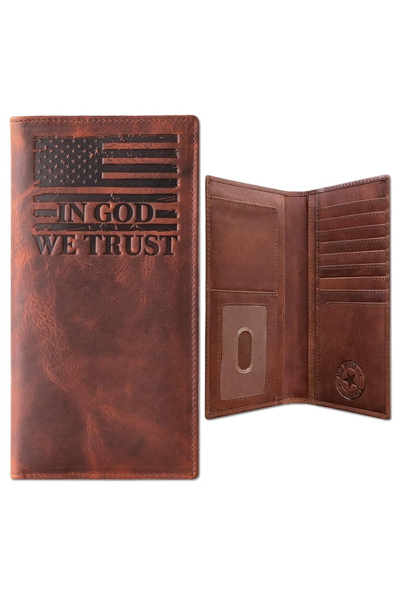 American Flag Long Wallet for Men - Western Wallets for Men with IN GOD WE TRUST - Distressed Full Grain Leather - RFID Blocking Long Bifold Cowboy Wallet - Patriotic Christmas Gift (7 Inches) Y101