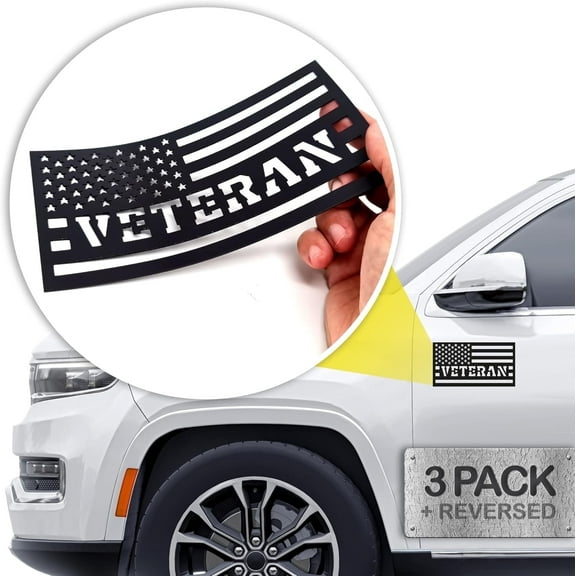 HMMAGNETS Veteran American Flag Magnetic Sticker Decals for Cars, 3-Pack + Reverse Flag, Black