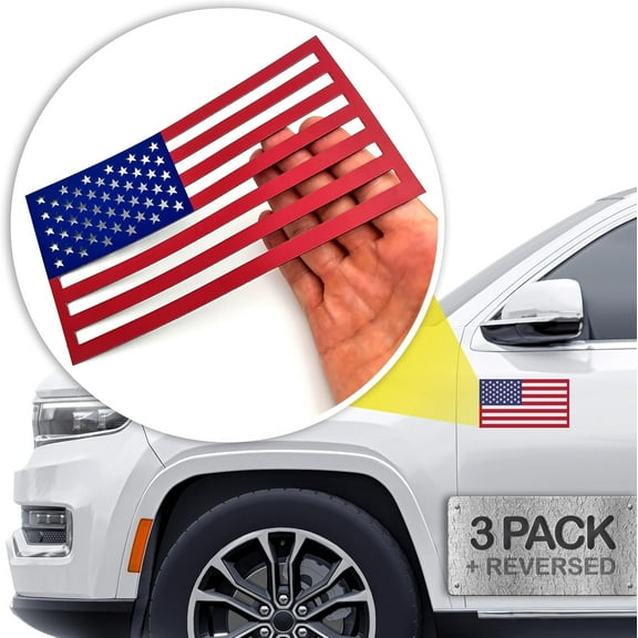 HMMAGNETS American Flag Magnetic Sticker Decals for Cars, 3-Pack + Reverse Flag, Red/Blue