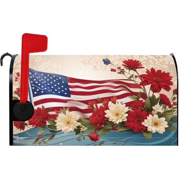 American Flag Mailbox Cover USA National Flag Red White Blue Flower Ocean Magnetic Mailbox Covers Standard Size 18x21 Inch Independence Day Mail Post Letter Box Cover for Home Yard Decoration