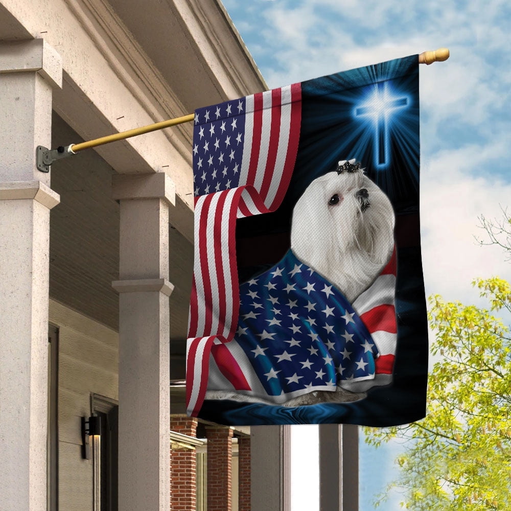 Maltese Dog Wearing Flag American Faith Cross 4th of july, Dog Decor American Flag House Flag, Double-Sided Decorative Outdoor Flag, Patriotic Polyester Yard Flag 29.5 x 39.5 in