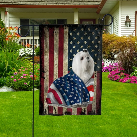 American Flag with Maltese Dog stand under the cross Patriot Patriotic 4th of july House Flag (29.5x39.5) Double Sided-USA Flags Premium Polyester-Decorative Indoor Outdoor Flag