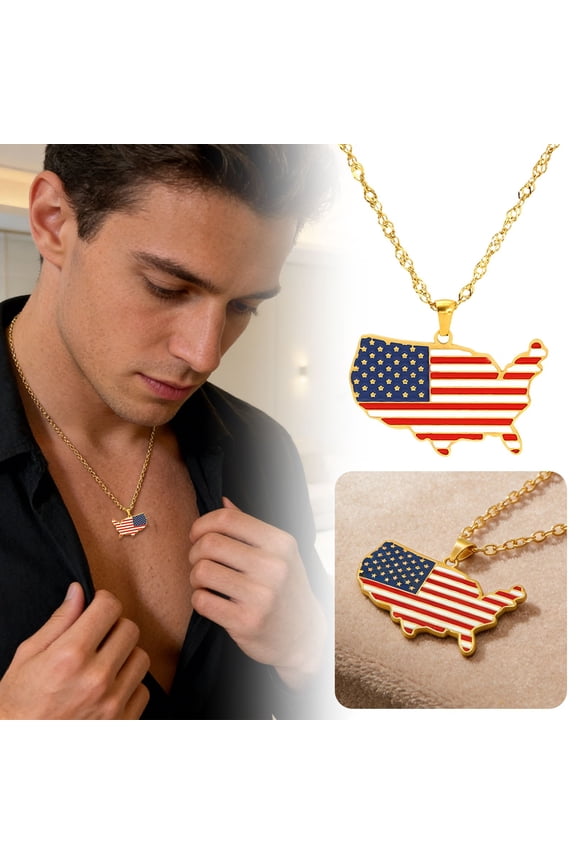 American Flag & Map Pendant Necklace, 316L Stainless Steel Gold Plated Anti-Fade Jewelry, Adjustable Chain for Independence Day/Veterans Day (Gold)