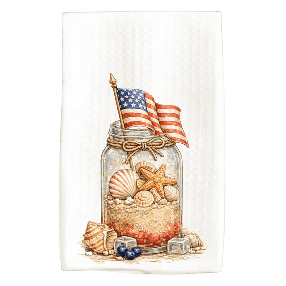 American Flag Mason Jar Kitchen Towel with Starfish Seashell Beach Sand Design, Microfiber Waffle Weave, 16 x 24, Coastal Dcor