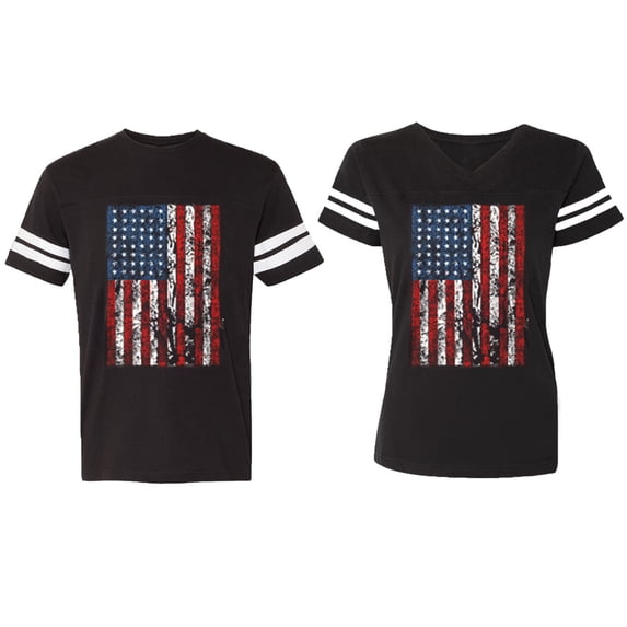 American Flag Matching Couple Cotton Jerseys (Men Black / Women Black) (Men L / Women XXL)