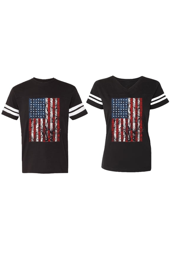 American Flag Matching Couple Cotton Jerseys (Men Black / Women Black) (Men M / Women M)