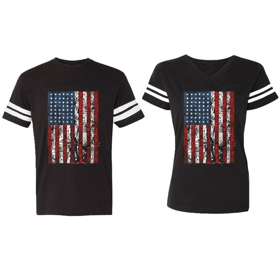 American Flag Matching Couple Cotton Jerseys (Men Black / Women Black) (Men XXL / Women XL)