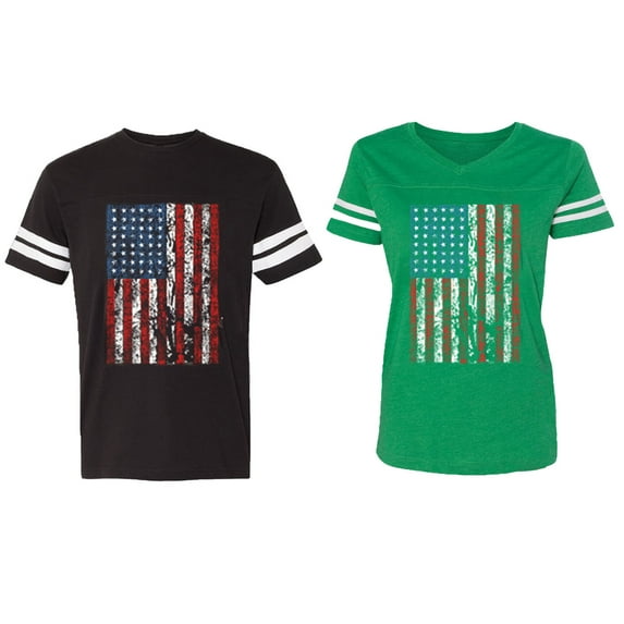 American Flag Matching Couple Cotton Jerseys (Men Black / Women Green) (Men S / Women XL)