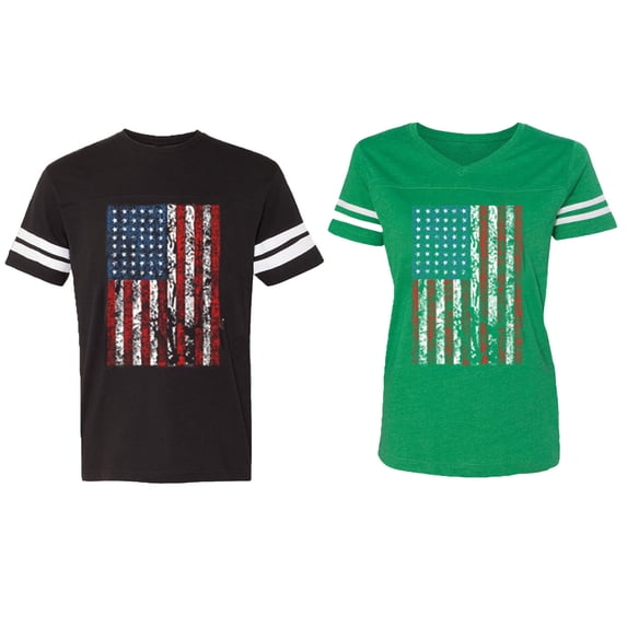 American Flag Matching Couple Cotton Jerseys (Men Black / Women Green) (Men XXXL / Women XXL)