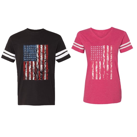 American Flag Matching Couple Cotton Jerseys (Men Black / Women Pink) (Men XL / Women S)