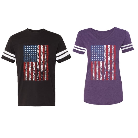 American Flag Matching Couple Cotton Jerseys (Men Black / Women Purple) (Men S / Women L)