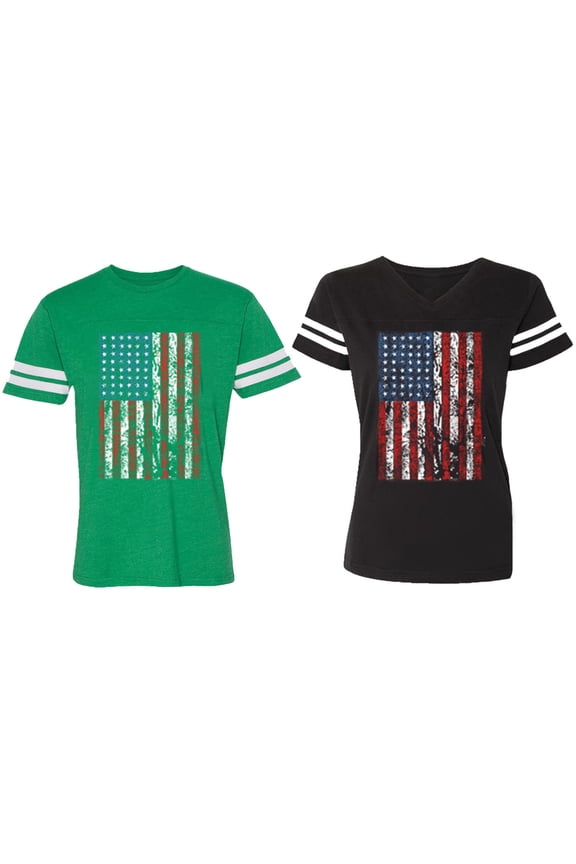 American Flag Matching Couple Cotton Jerseys (Men Green / Women Black) (Men S / Women S)