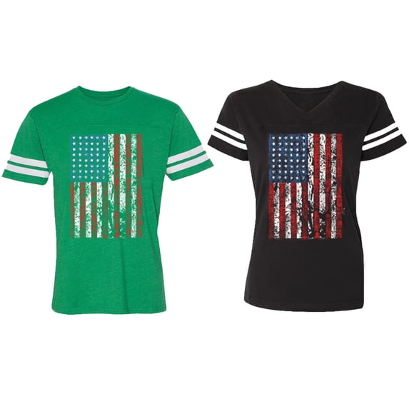 American Flag Matching Couple Cotton Jerseys (Men Green / Women Black) (Men S / Women XL)