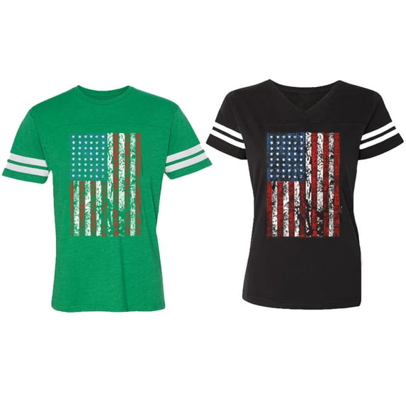 American Flag Matching Couple Cotton Jerseys (Men Green / Women Black) (Men XL / Women XL)